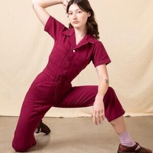 Big Bud Press Short Sleeve Cotton Utility Jumpsuit in Cranberry